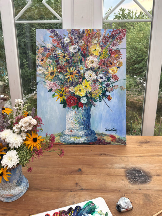 Exklusives Kunst-Ensemble: Original Ölgemälde & Handbemalte Unikat-Vase – „Die Freudenvase“