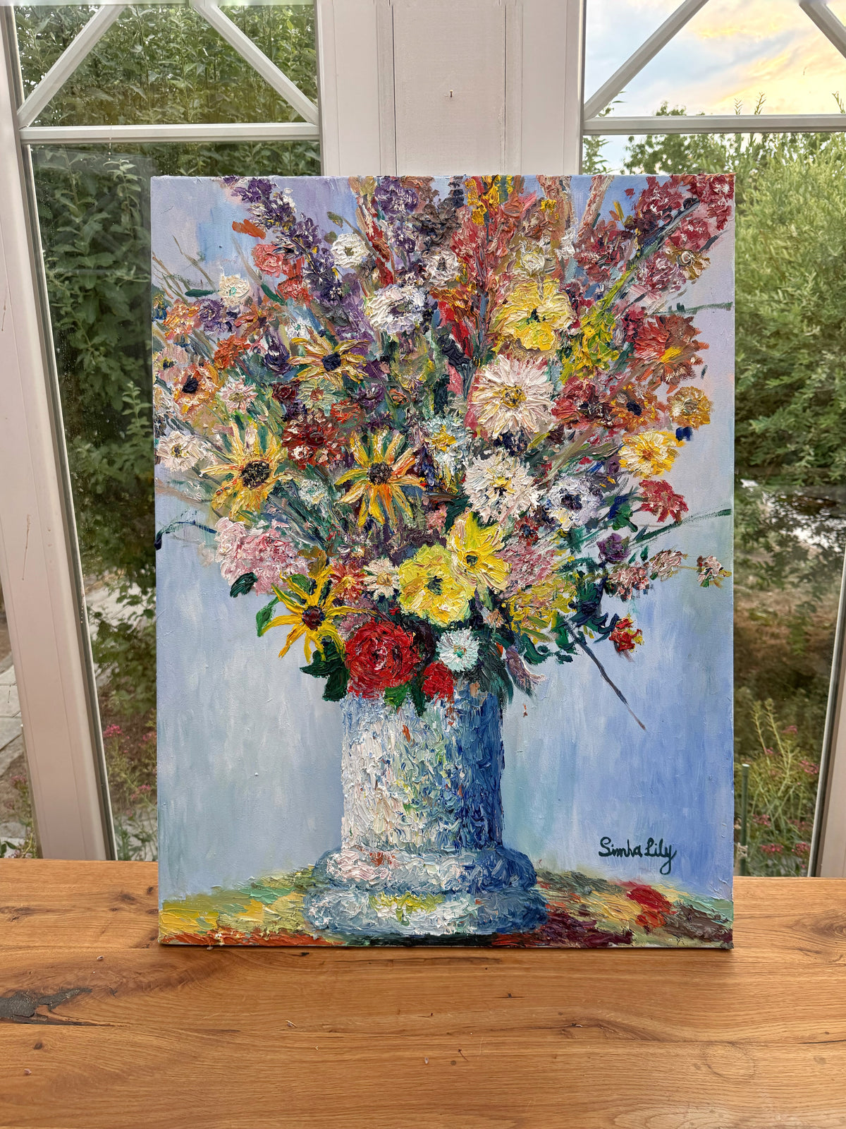 Exklusives Kunst-Ensemble: Original Ölgemälde & Handbemalte Unikat-Vase – „Die Freudenvase“